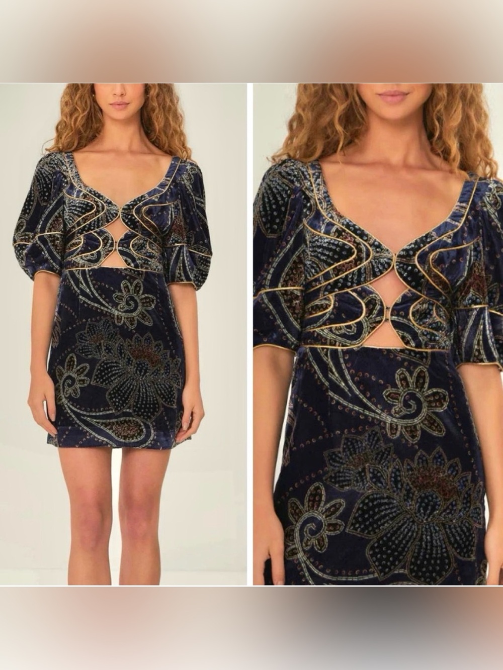 Farm Rio blue floral glam scarf velvet mini dress - Picture 2 of 5